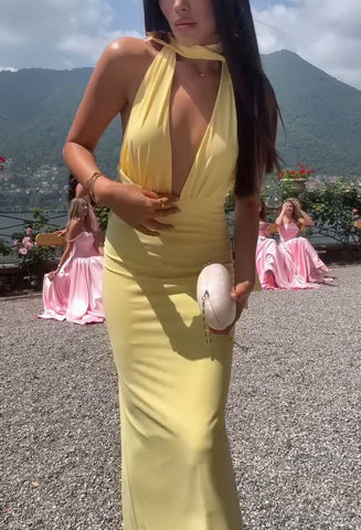 Elegantes Rückenfreies Maxi-Kleid-Satin Look in Sonnengelb