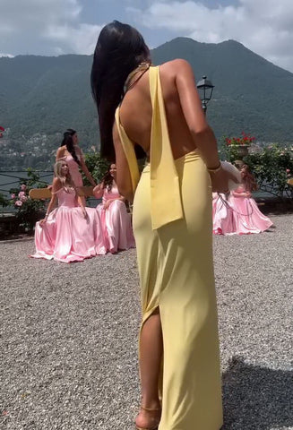 Elegantes Rückenfreies Maxi-Kleid-Satin Look in Sonnengelb