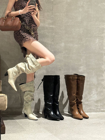 Slouchy High Boots – Vintage Look in Beige, Braun & Schwarz